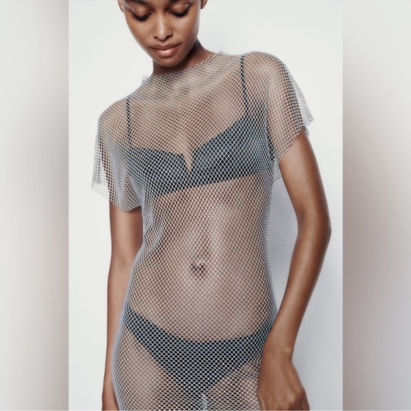 ZARA RHINESTONE MESH MIDI DRESS - Picture 2 of 11